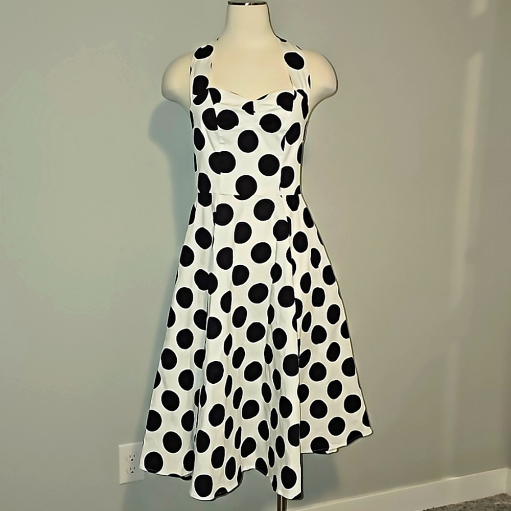 Anni Coco 50s White & Black Polka Dot Dress Retro Rockabilly Size Med VGUC GLAM